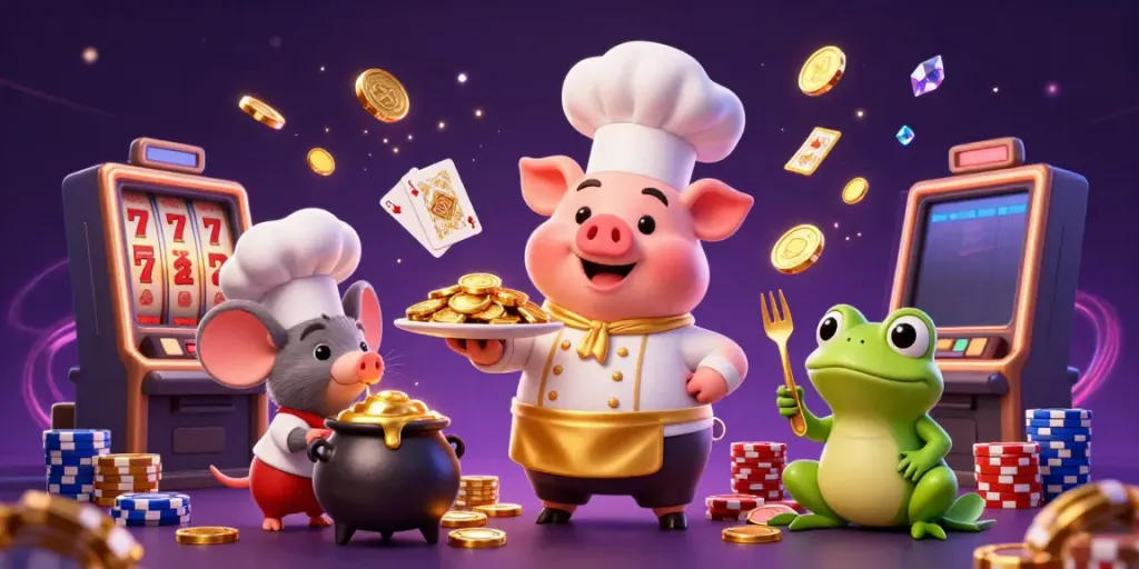 Experience vibrant slots action with a pig chef, mouse sous-chef, and frog critic in a rich casino setting.