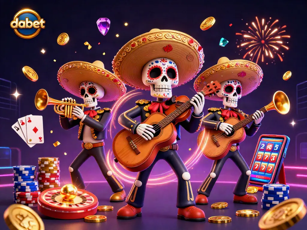 Dabet casino illustration showcasing a vibrant mariachi band amidst cascading coins and poker chips.