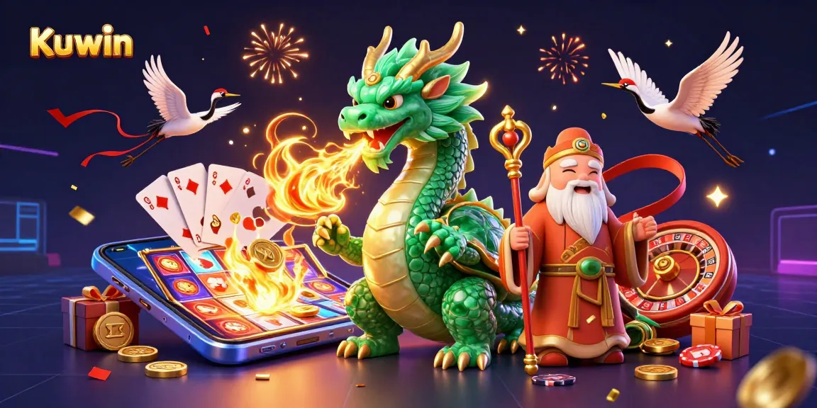 Kuwin illustrates an emerald jade dragon unleashing fire, surrounded by exciting casino elements, including slot reels and poker chips.