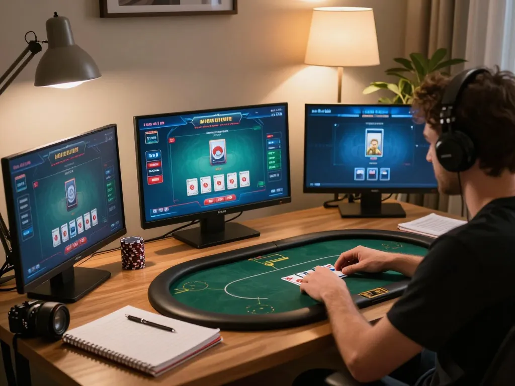 Engage in strategic gameplay at trang chủ Net88 with a focused home poker setup during online gaming.