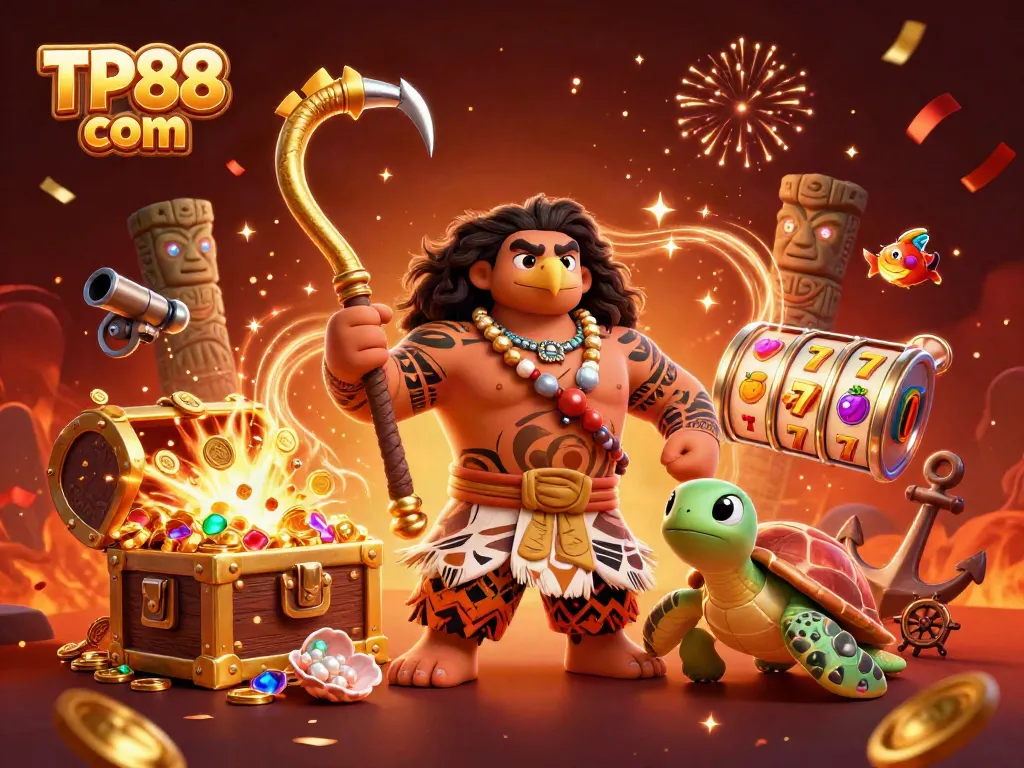 Engage in winning adventures at TP88 com with an energetic polynesian demigod in a vibrant casino scene.