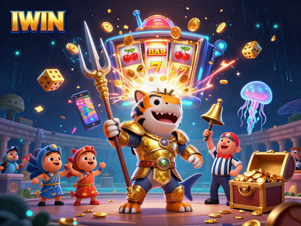 Engage with IWIN's thrilling casino experience featuring a tiger shark and vibrant game elements.