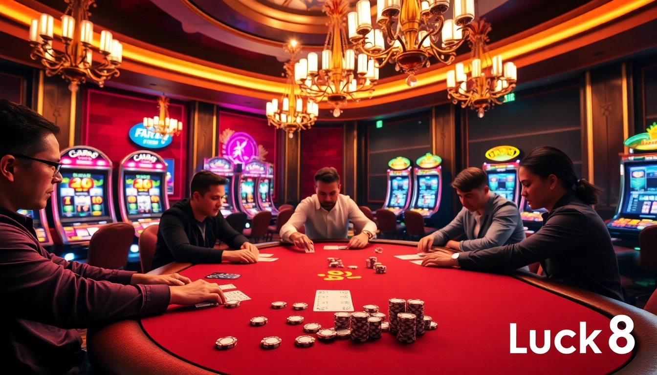 Experience excitement at luck8's luxury poker table with vibrant chips and players focused on the game.