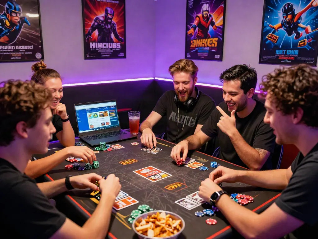 Excited friends playing card games at a vibrant gaming session featuring Hitclub.