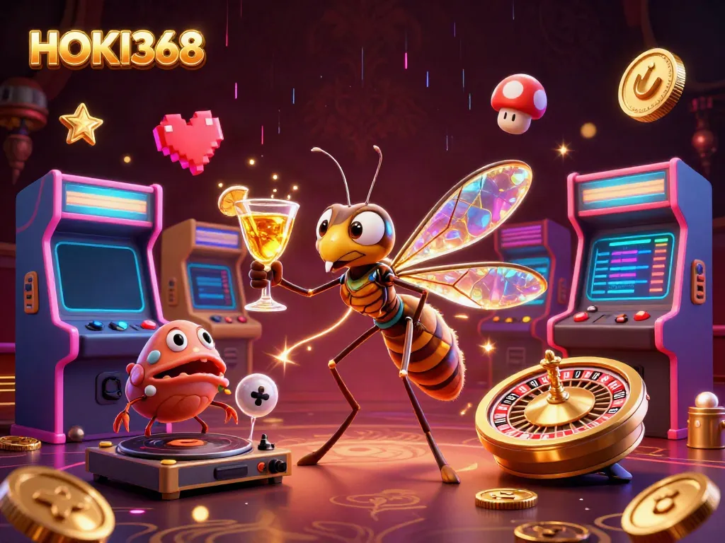 Experience the vibrant casino world with HOKI368 featuring a mystical mosquito mascot and retro game elements.