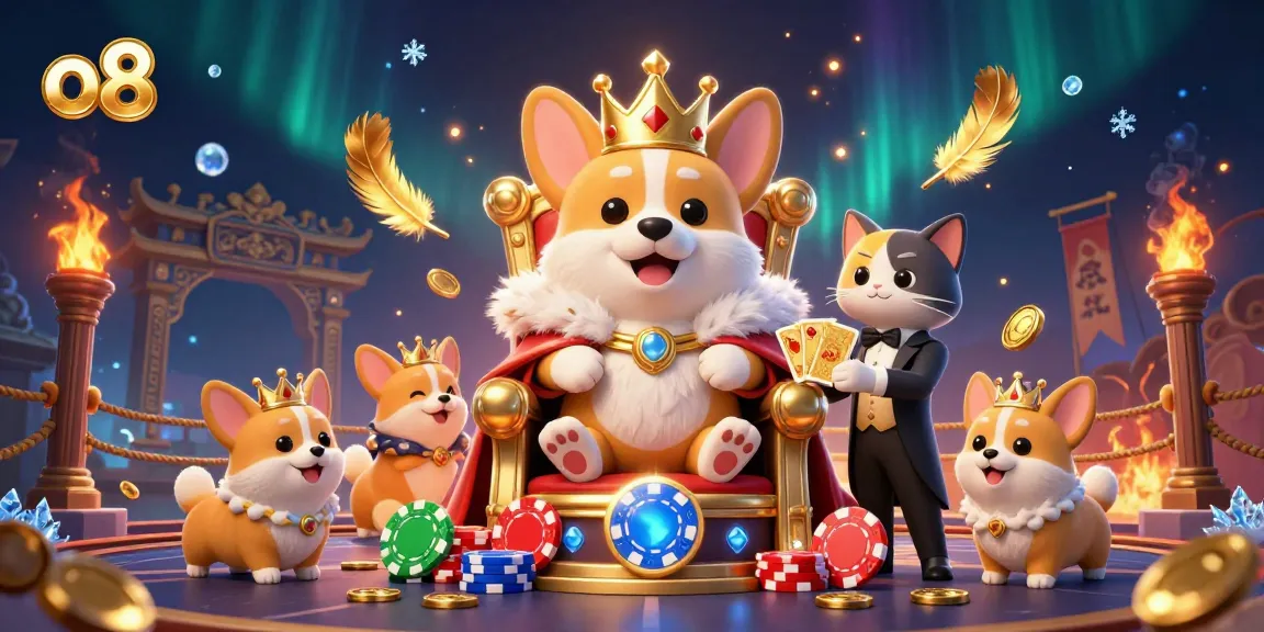 Experience exciting gameplay at o8 with a royal corgi on a poker chip throne, offering winning moments.
