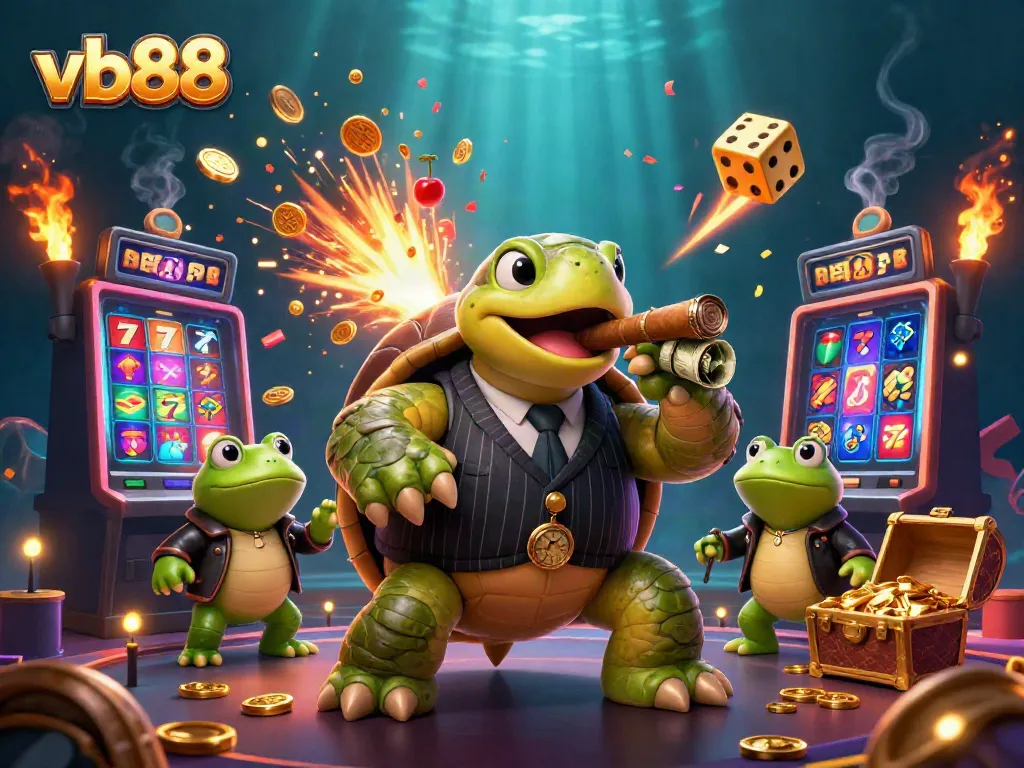 Experience the dynamic world of vb88 with a vibrant casino-themed illustration showcasing a cartoon turtle mobster and thrilling game elements.