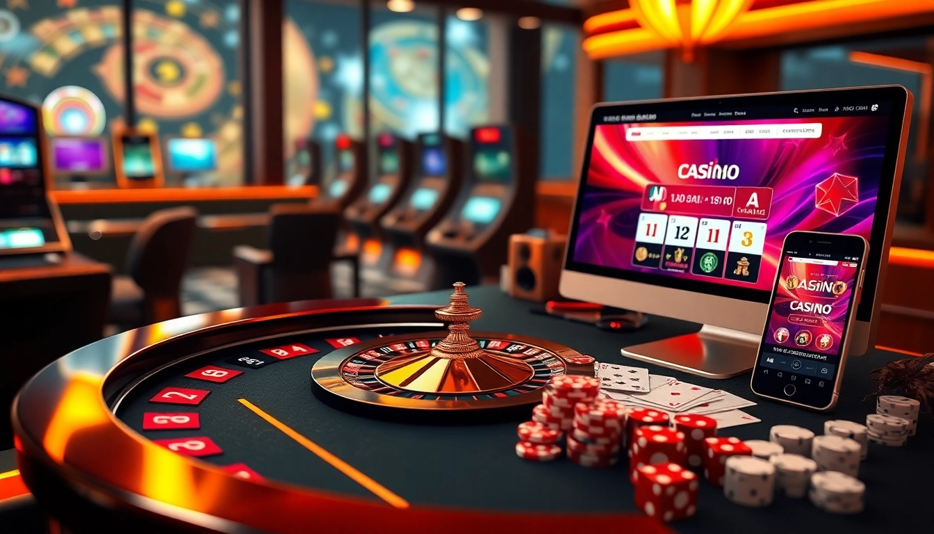 Experience excitement at壹發娛樂 with a luxurious virtual casino setting filled with roulette wheels and poker chips.