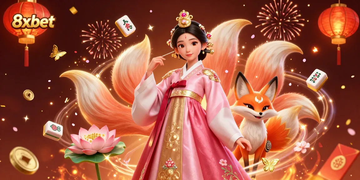 Experience the excitement of 8xbet with a lively 3D illustration featuring a lucky fox and festive elements.
