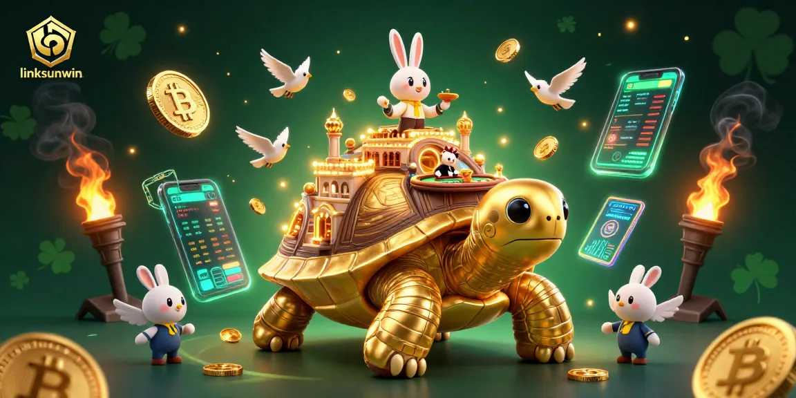 Experience winning strategies at linksunwin: A vibrant 3D scene featuring a poker table set on a golden tortoise's shell.