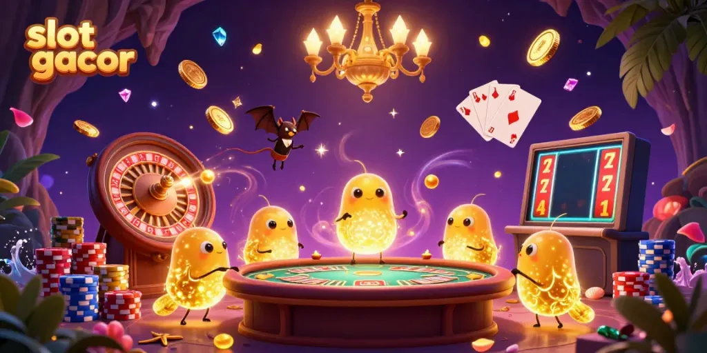 Experience the excitement of slot gacor with a lively casino scene illuminated by glowing glowworms, showcasing vibrant game elements.