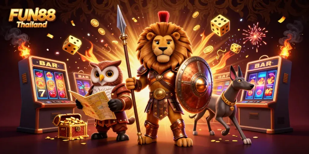 Experience the thrill of FUN88 Thailand with vibrant casino action in a dynamic 3D illustration.