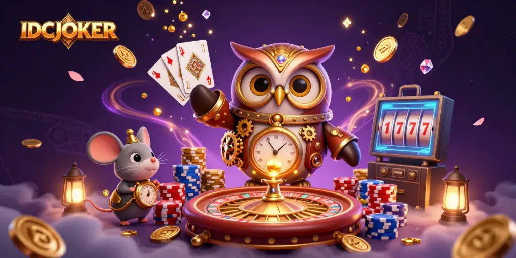 Immerse in exciting gameplay with IDCJOKER's vibrant casino scene featuring a time-traveler owl and whimsical elements.