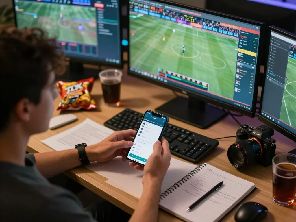 Engaging scene of online sports betting at Trang chủ Bet88 with multiple screens and analysis notes.