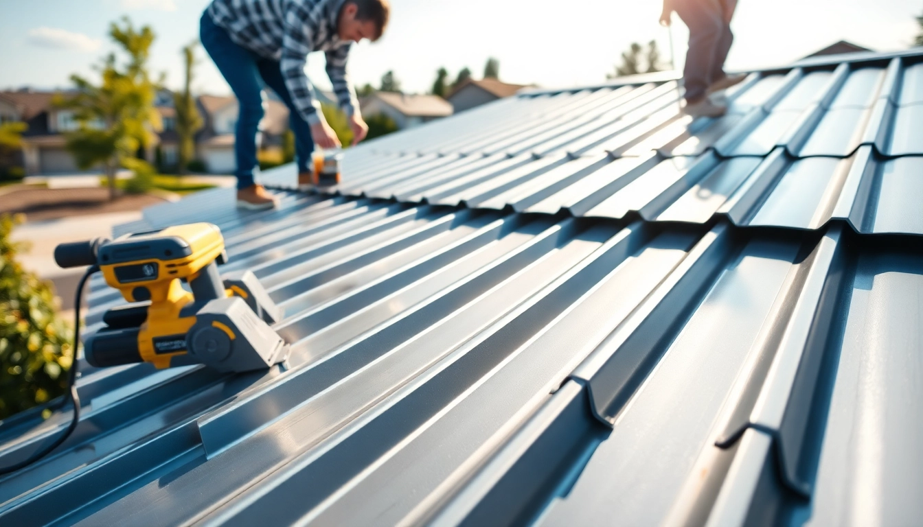 Installers expertly working on metal roofing to enhance a modern home's durability and aesthetic.