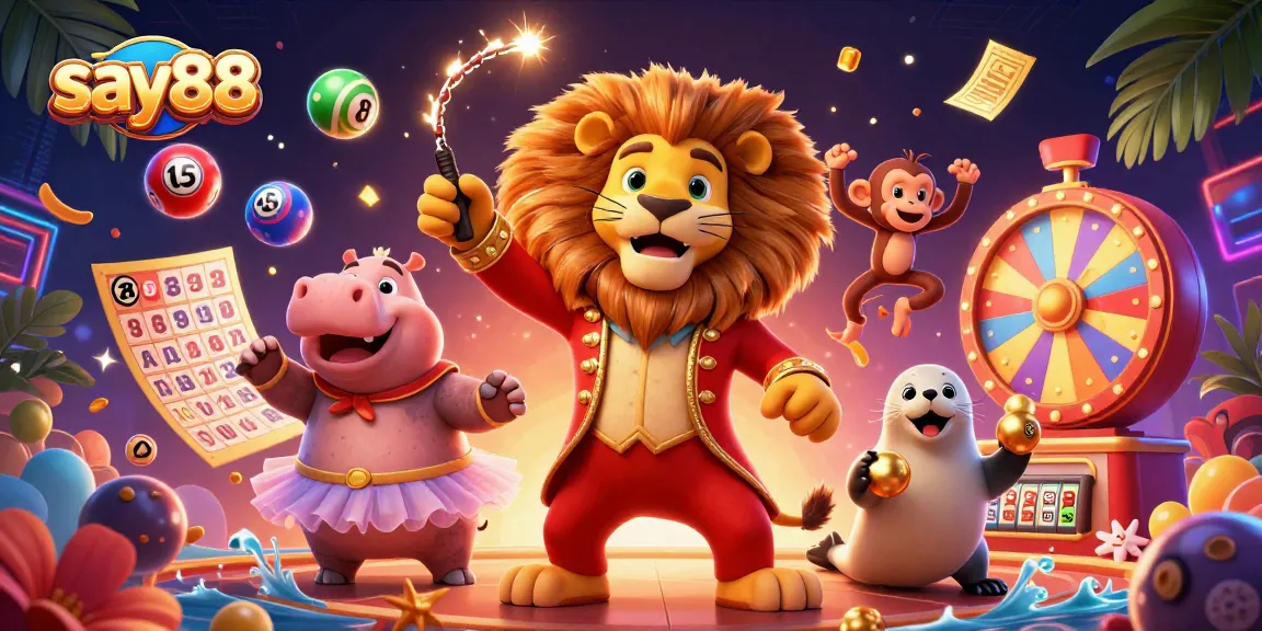 Engage with say88's vibrant casino adventure featuring lively characters and dynamic lottery elements.