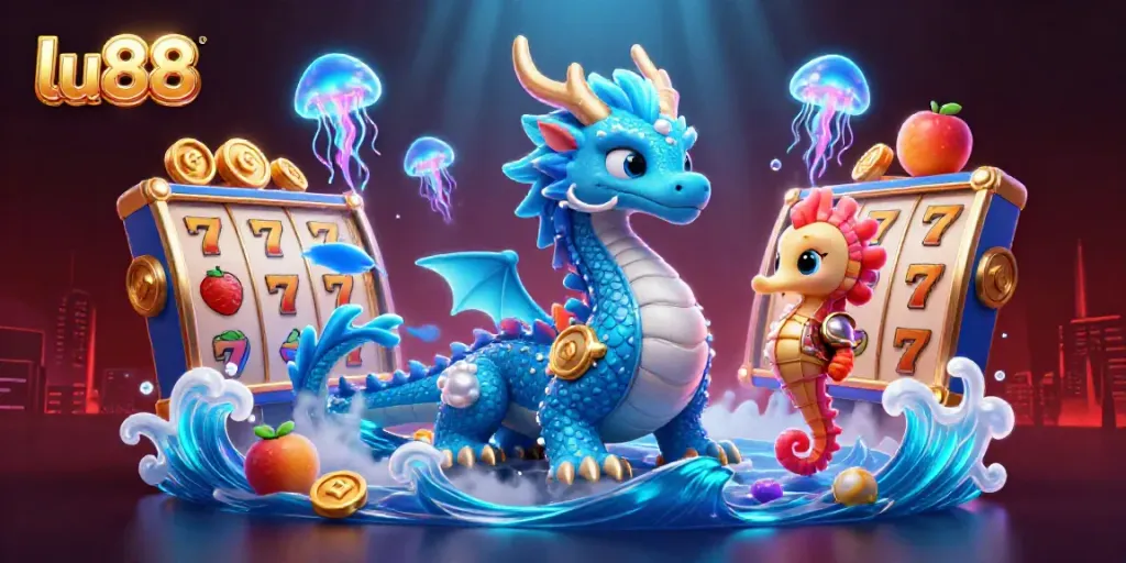 lu88 showcases an exciting 3D underwater casino scene with vibrant characters and slot elements.
