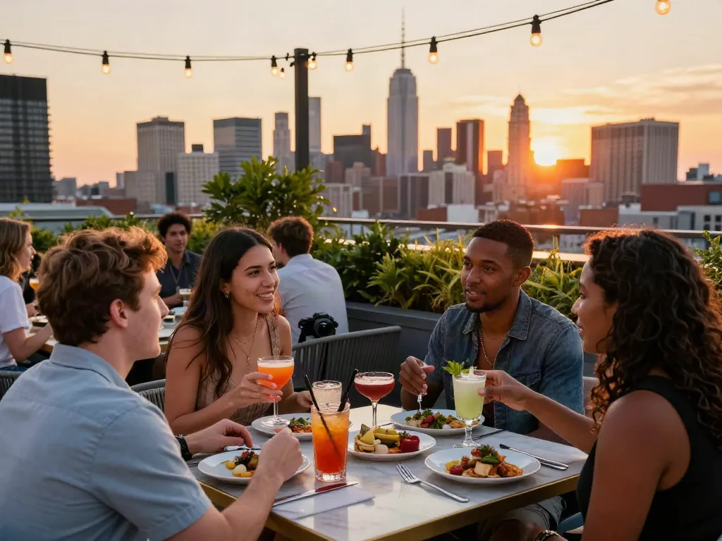 NoHu Rooftop Bar & Restaurant diners enjoying cocktails and gourmet dishes with NYC skyline at sunset