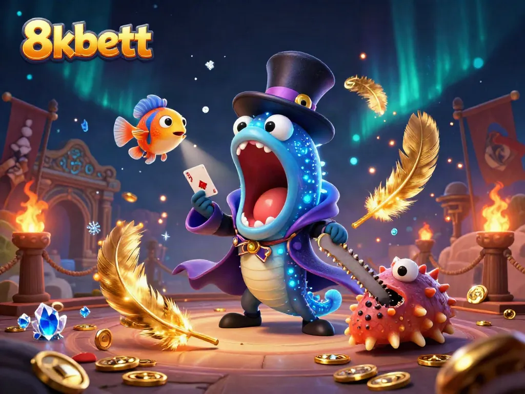 Engage with thrilling bets at 8kbett as whimsical sea creatures perform magic tricks in a vibrant casino.