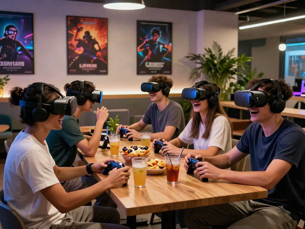 A dynamic Manclub gaming scene with friends enjoying high-tech consoles and VR headsets in a modern lounge.