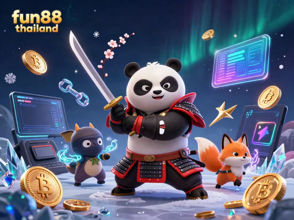 Experience fun88 thailand with a vibrant, action-packed illustration of gaming characters and cryptocurrency elements.