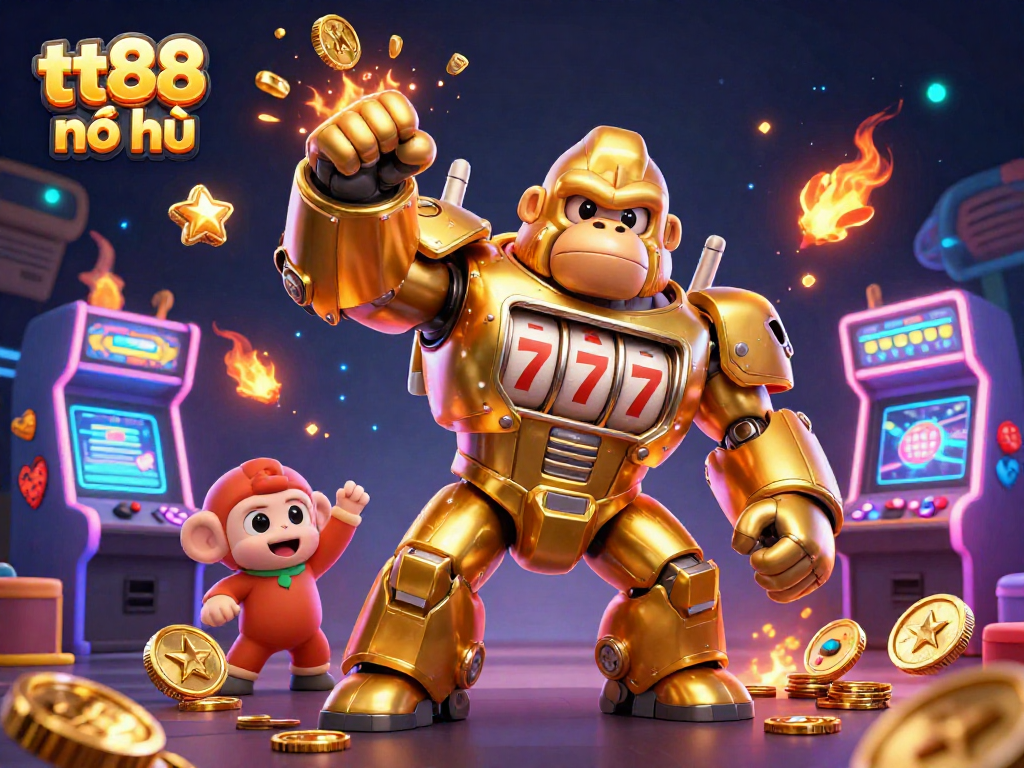 Engage in thrilling gameplay with tt88 nổ hũ, featuring a striking 3D golden gorilla mech and vibrant casino elements.
