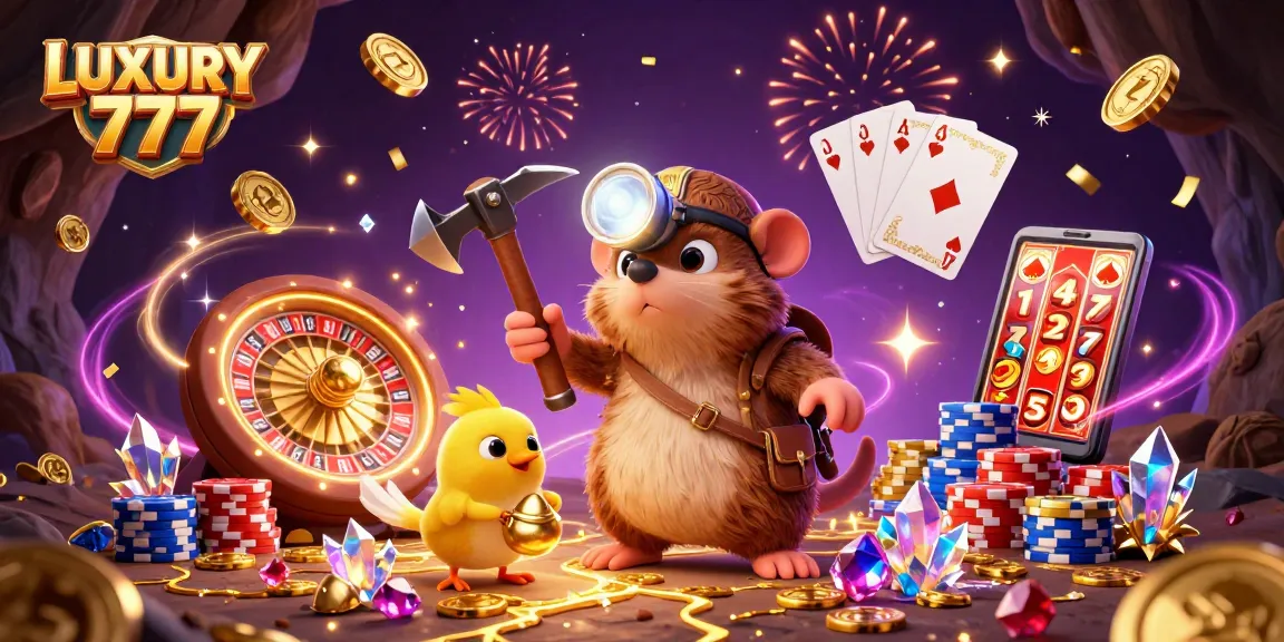 Permainan slot LUXURY 777 menampilkan karakter penggali berlian dan koin emas mewarnai suasana.