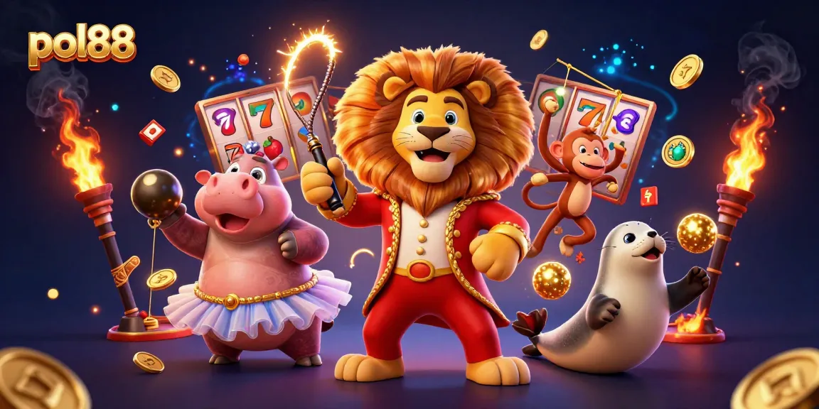 Visualisasi dinamis kemenangan pol88 dengan simbol slot, singa, dan koin emas yang berkilauan.