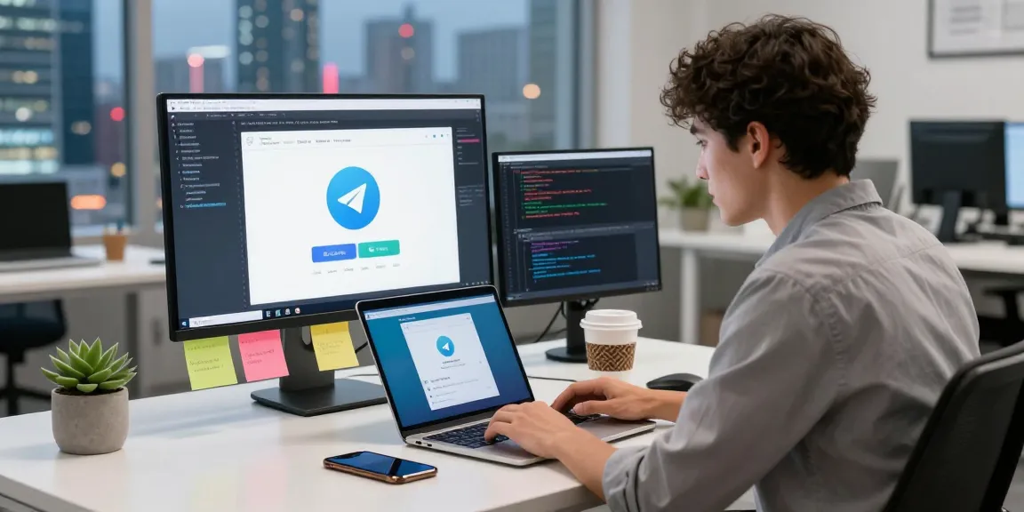 Engaged professional using Telegram Download on laptop with vibrant city backdrop.