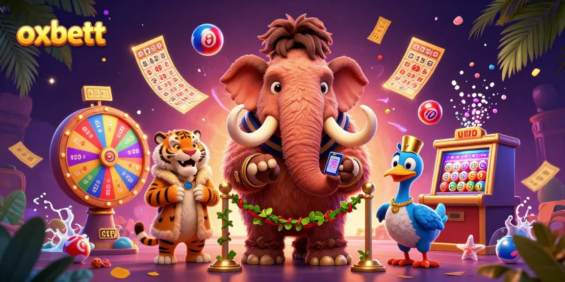 Experience the excitement of oxbett with vibrant lottery elements and fun characters engaging in the casino world.