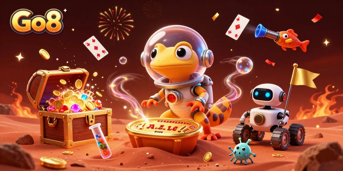 Go8 players discover a hidden golden casino with treasures, celebrating vibrant wins amidst epic visuals.