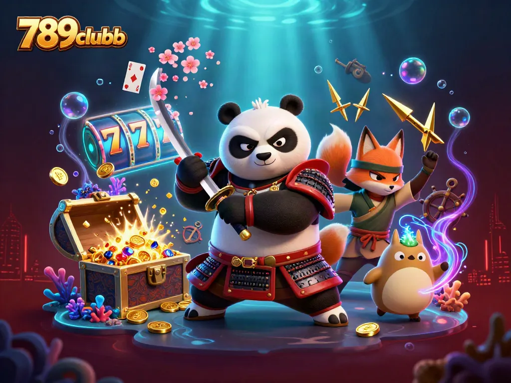 Engage with vibrant gaming adventures at 789clubb featuring samurai panda and fox in casino-themed art.
