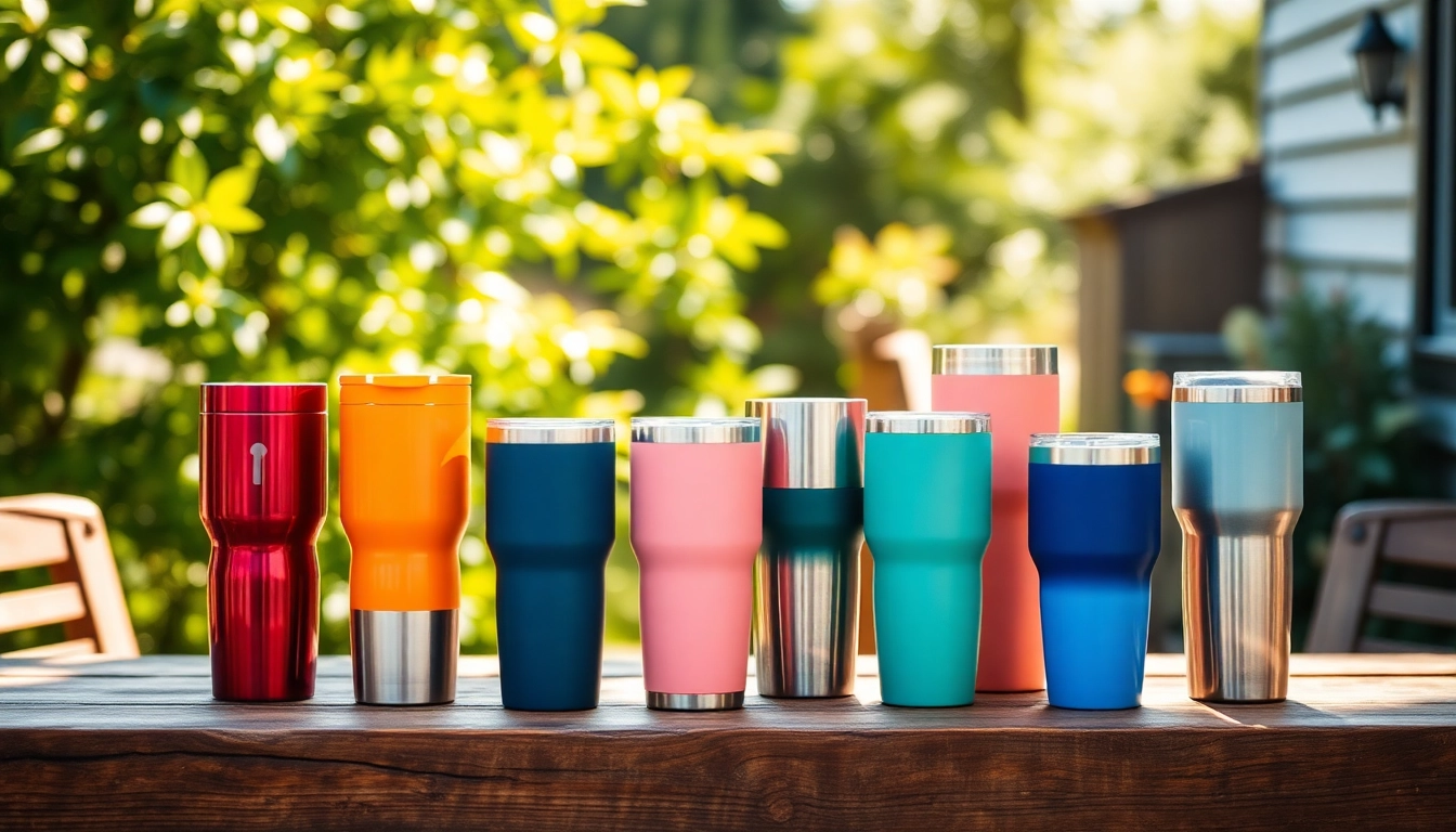 Stylish tumblers showcasing vibrant colors and designs on a rustic wooden table.