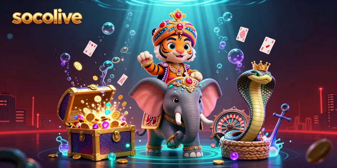 Socolive sports betting scene with a cartoon maharaja, elephant, and glowing treasures