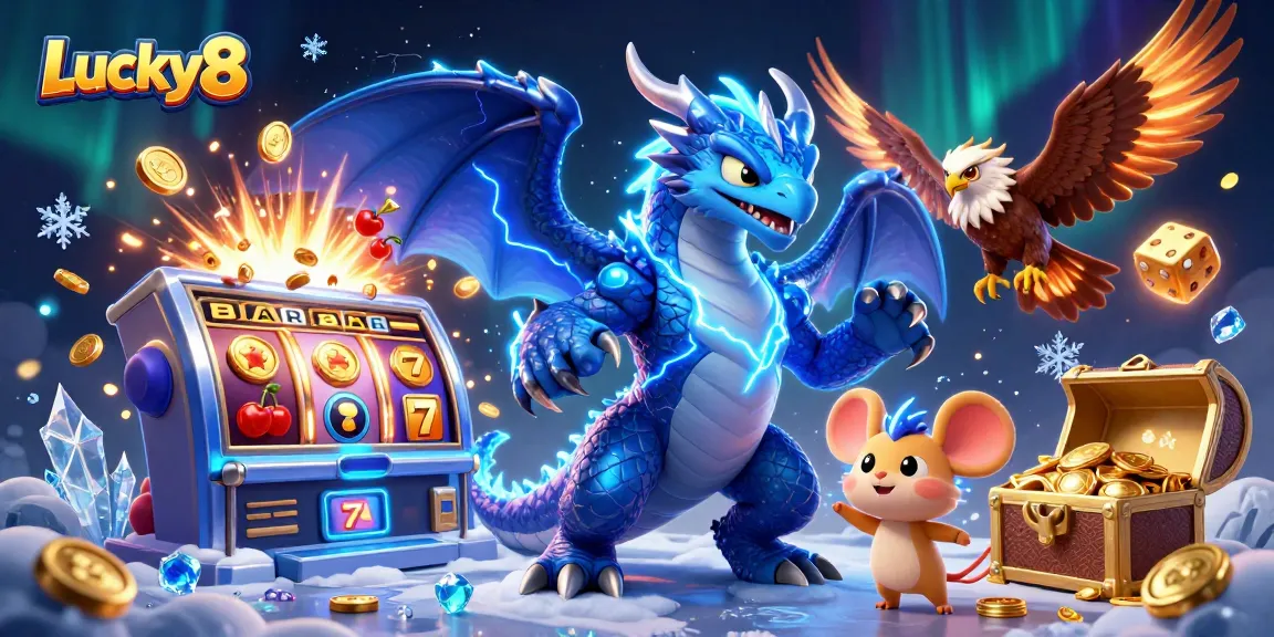 Spin for fortune at Lucky8 with a dynamic slot machine and vibrant casino elements.