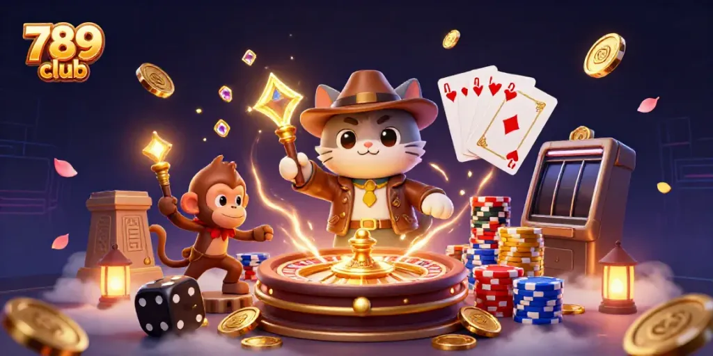 Join the adventure in the vibrant 789 club as our cat archaeologist uncovers casino treasures amid dynamic gaming elements.