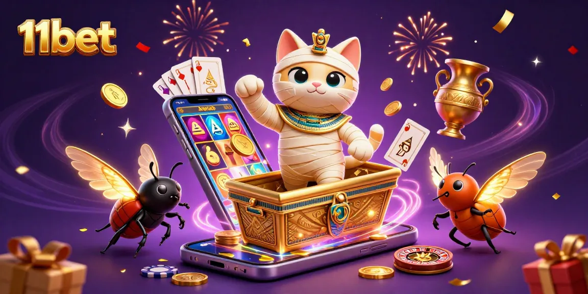 11bet's Egyptian mummy cat symbolizes thrilling casino adventures with vibrant slot games and exciting energy.