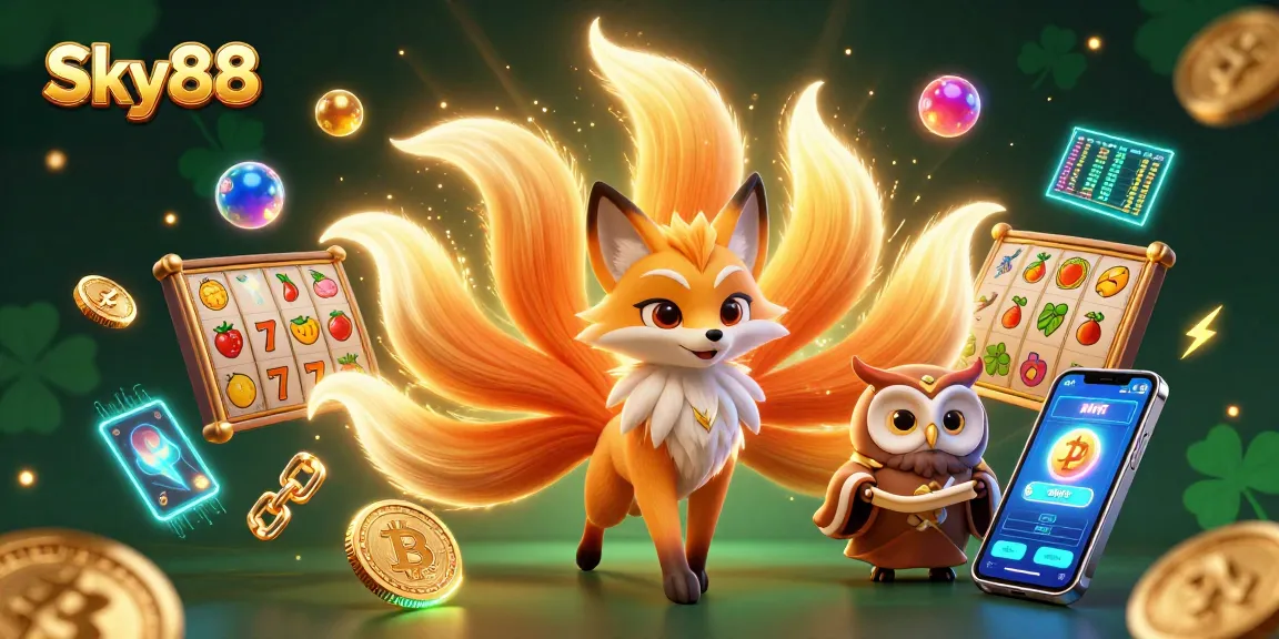 Sky88 interactive slot game art featuring colorful characters, coins, and lucky symbols.