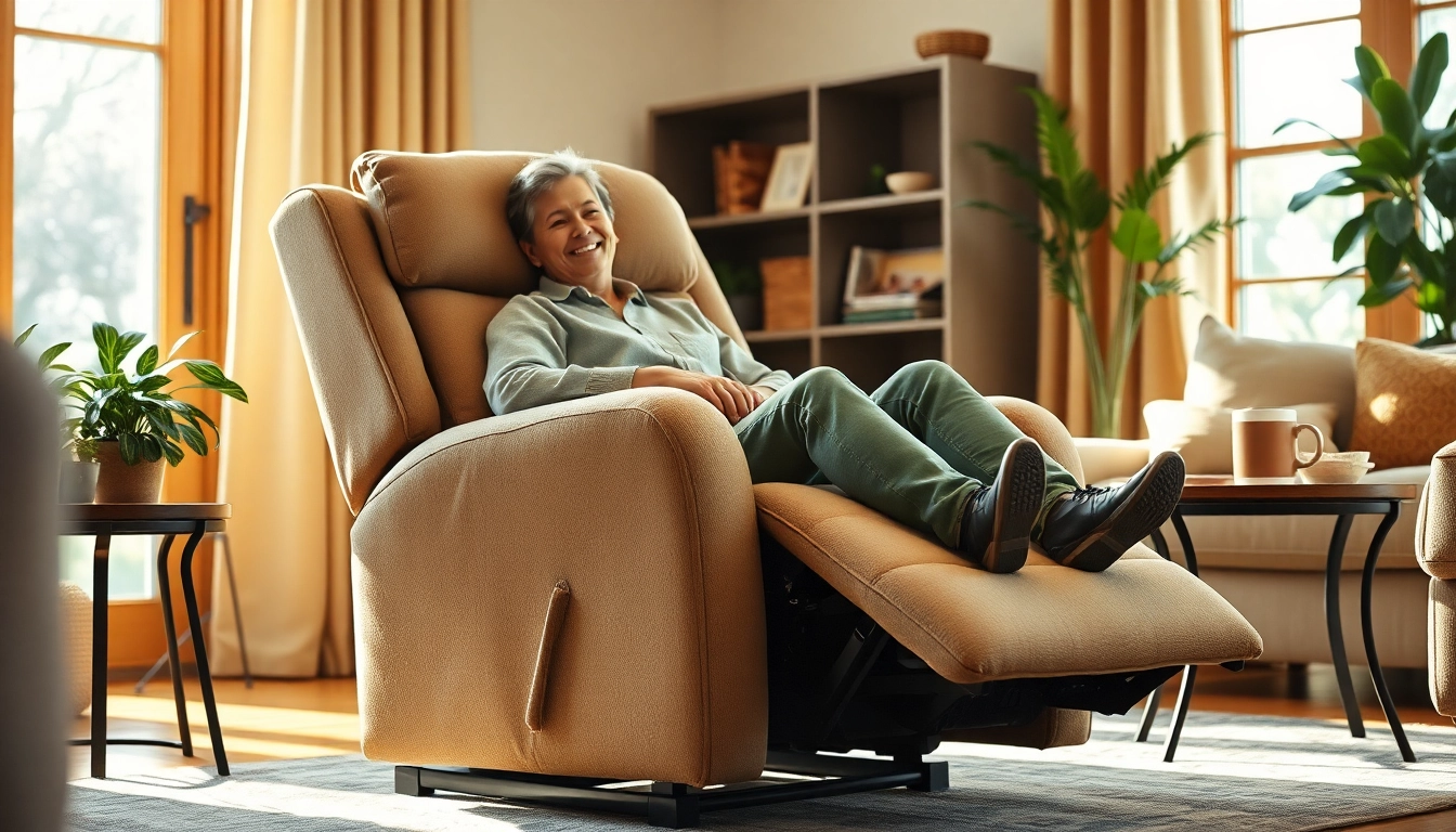 Relaxing on a lift chair recliner in a cozy living room with warm decor.