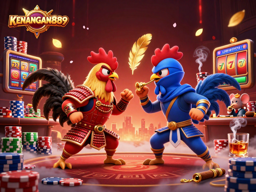 Experience thrilling gameplay with KENANGAN889's dynamic fighting roosters showdown, surrounded by vibrant casino elements.