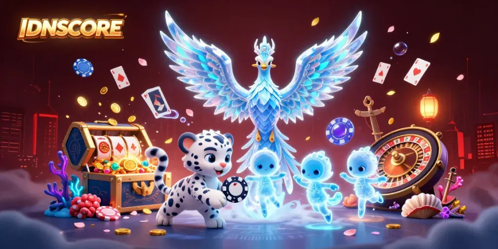 Experience thrilling gameplay with IDNSCORE's casino features, showcasing a vibrant 3D scene of an ice phoenix and cosmic elements.