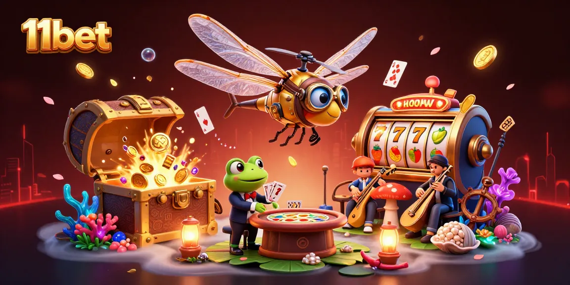 11bet brings excitement with a dragonfly pilot and frog croupier in a vibrant casino scene.