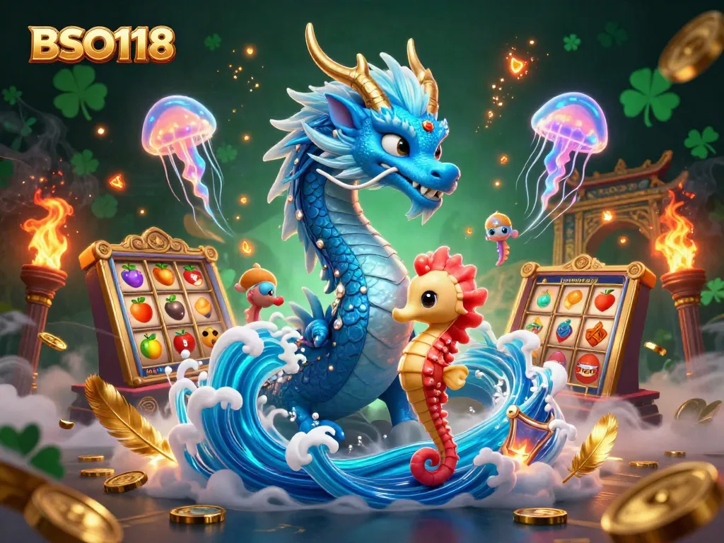 Play dynamic slot games at BSO118 with an enchanting dragon and vibrant seahorse characters.