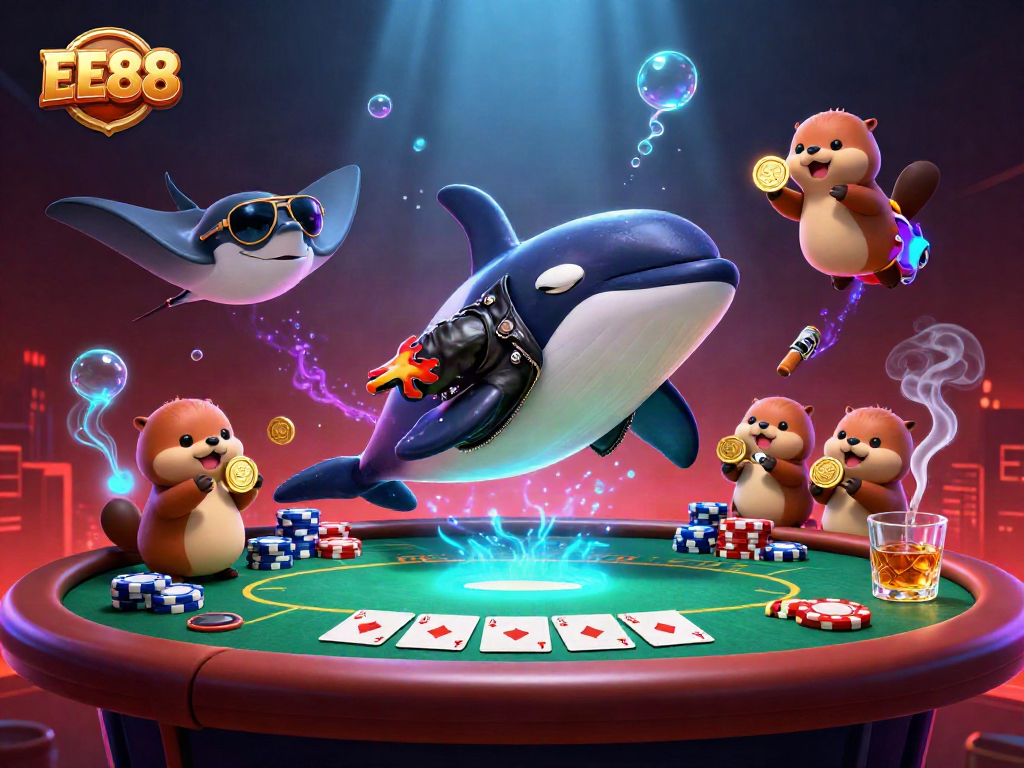 Engage with the vibrant scene of EE88, featuring a dynamic orca and otters celebrating casino wins with colorful poker elements.