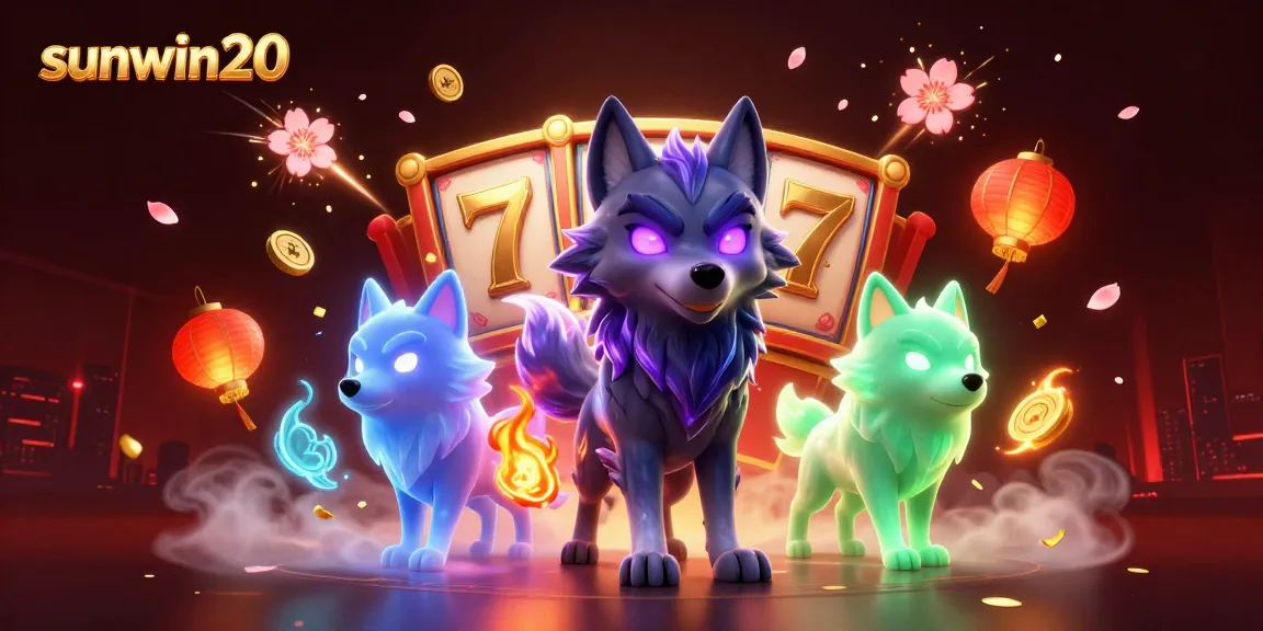 Experience thrilling gameplay with sunwin20, featuring a vibrant scene filled with slot reels and ghostly wolves.