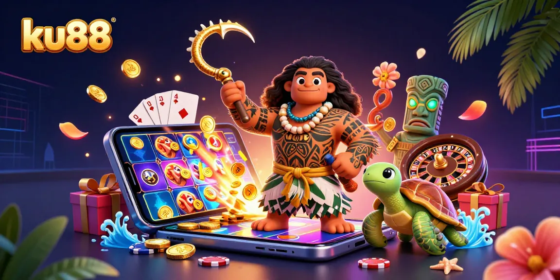 ku88 showcases an energetic gambling scene with vibrant characters and slot game elements bursting with excitement.