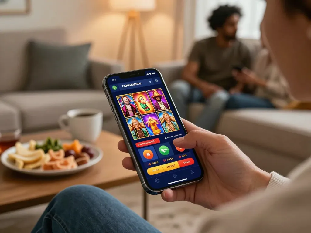 Engaging with the tr88s casino app, showing vibrant games in a cozy home environment.