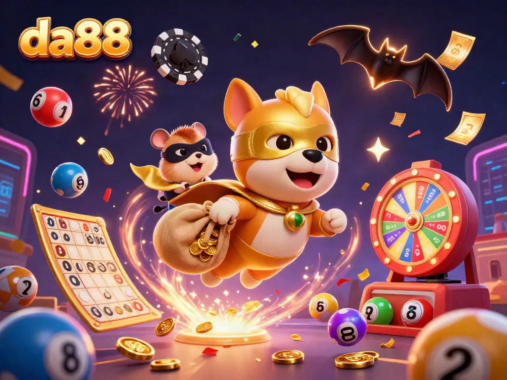 Join the excitement at da88 with a superhero dog and hamster amidst a dynamic casino scene.