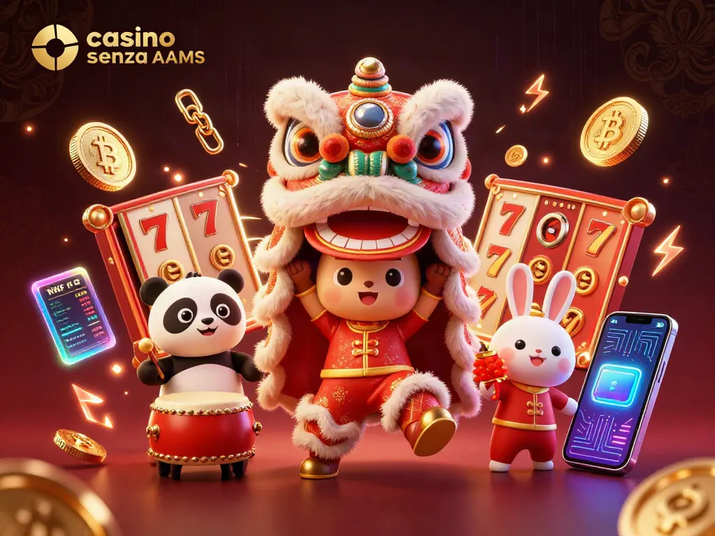 Gioca al casino senza AAMS con slot e un leone danzante colorato in un'illustrazione vivace.