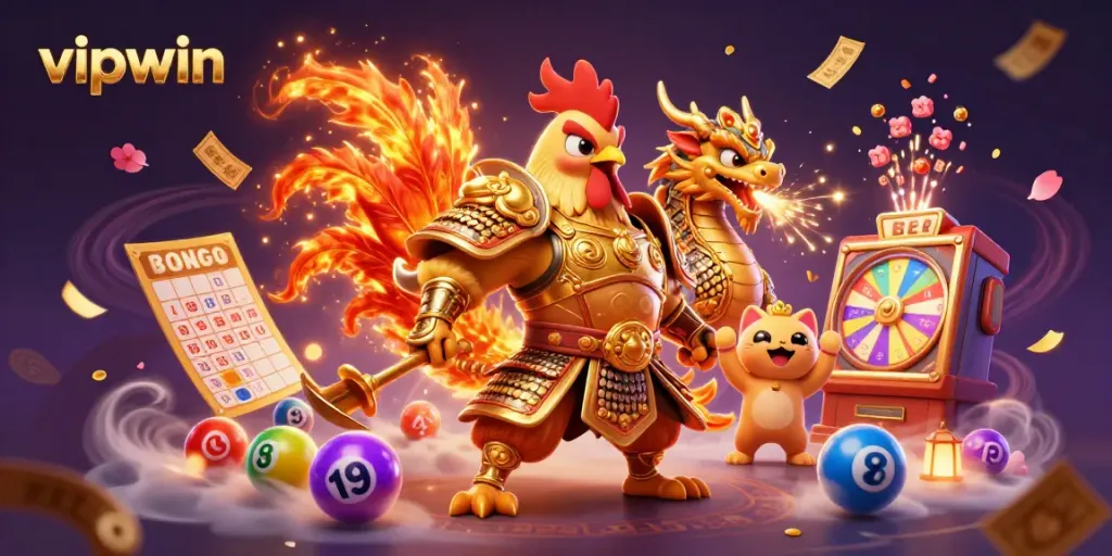 Engage with the vibrant world of vipwin, showcasing a powerful gaming rooster, draconic ally, and dynamic casino elements.